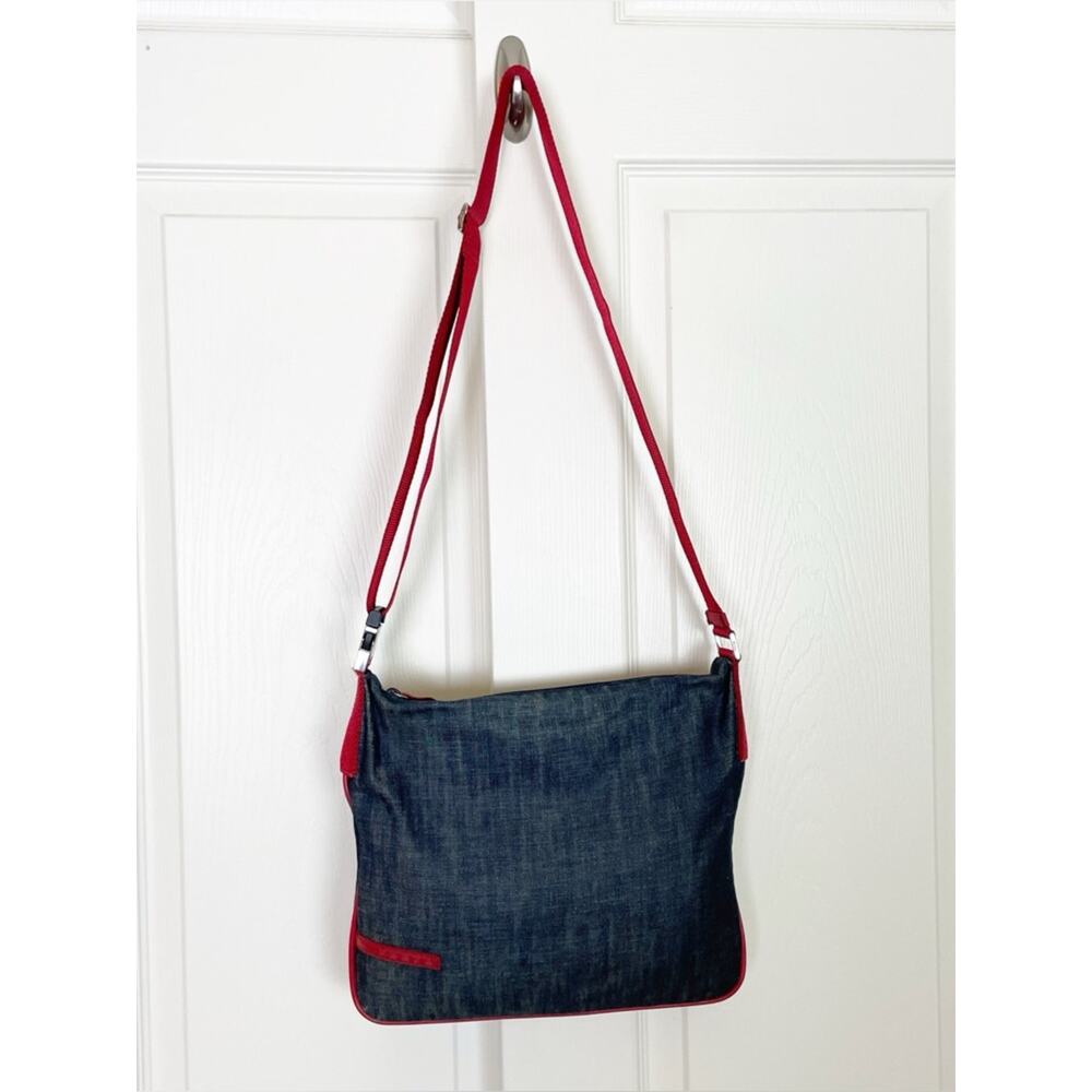 Prada VINTAGE Denim Crossbody Bag Red Leather Trim Y2K Canvas Messenger 4VA433